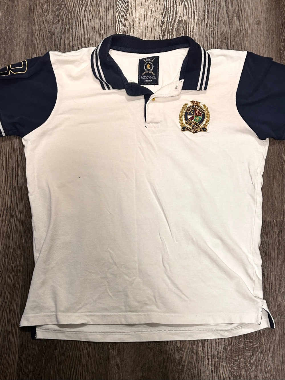 Men's White & Navy Crest Polo Shirt by Charcoal